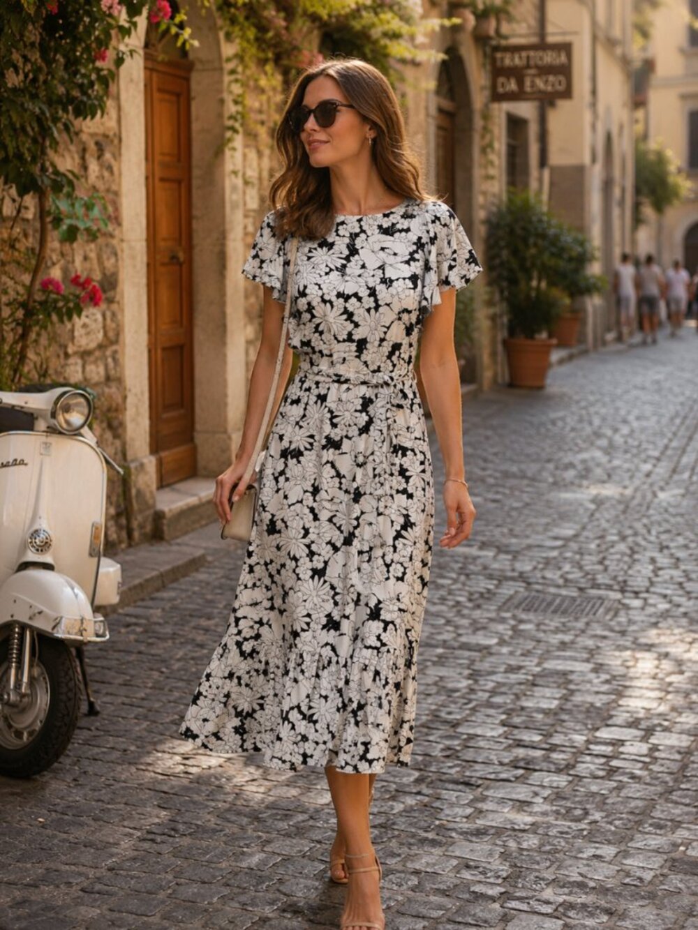 Chaps Black and White Floral Midi Dress with Tie Waist